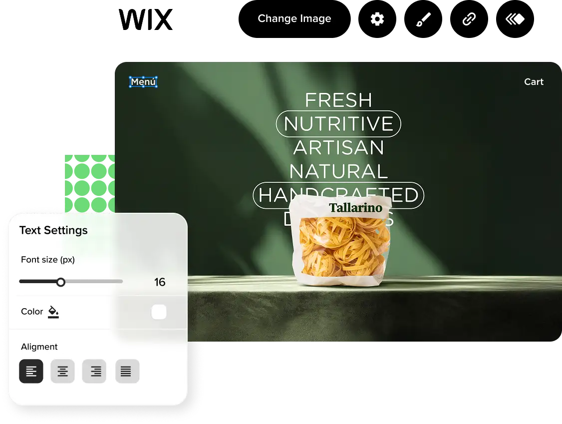 A screenshot of a website builder interface, with a 'Text Settings' panel open to edit a website for an artisan pasta brand.