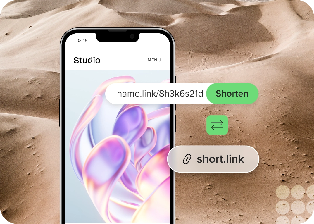 A mobile phone floats in fron of a desert landscape with a URL shortener open on the screen.
